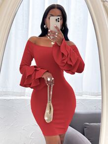 SHEIN SXY Vestido ajustado de hombros descubiertos de manga a capas - Rojo - Ver 6