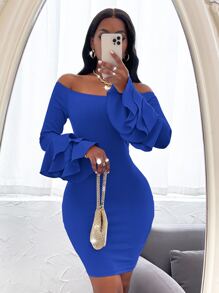 SHEIN SXY Off Shoulder Layered Sleeve Bodycon Dress - Royal Blue - View 4