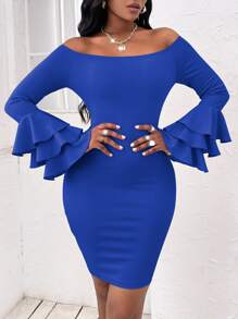 SHEIN SXY Off Shoulder Layered Sleeve Bodycon Dress - Royal Blue - View 5