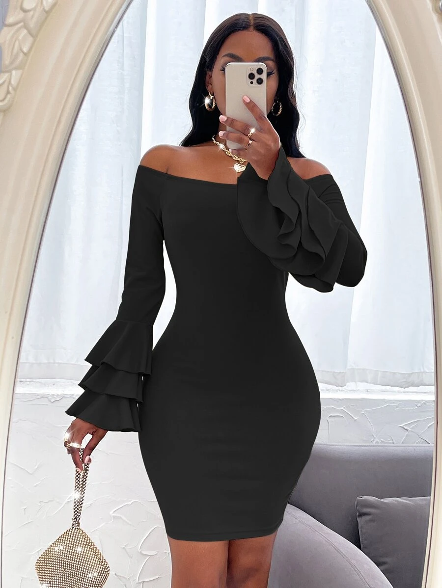 SHEIN SXY Off Shoulder Layered Sleeve Bodycon Dress - Black - View 1
