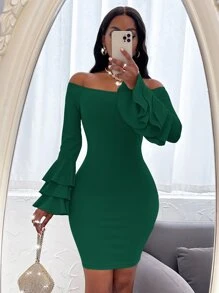 SHEIN SXY Off Shoulder Layered Sleeve Bodycon Dress - Dark Green - View 1