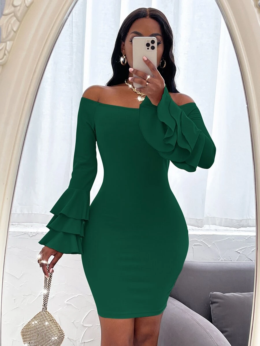 SHEIN SXY Off Shoulder Layered Sleeve Bodycon Dress - Dark Green - View 1