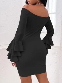 SHEIN SXY Off Shoulder Layered Sleeve Bodycon Dress - Black - View 2