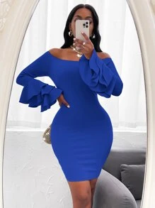 SHEIN SXY Off Shoulder Layered Sleeve Bodycon Dress - Royal Blue - View 6