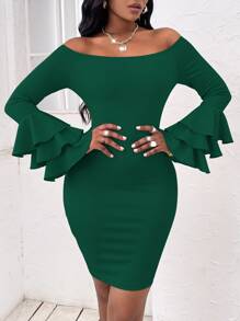 SHEIN SXY Off Shoulder Layered Sleeve Bodycon Dress - Dark Green - View 3