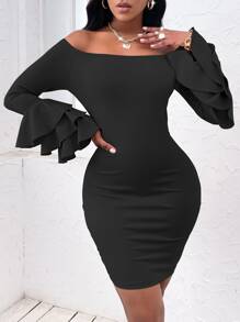 SHEIN SXY Off Shoulder Layered Sleeve Bodycon Dress - Black - View 3