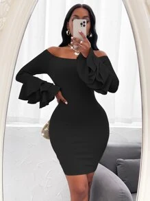 SHEIN SXY Off Shoulder Layered Sleeve Bodycon Dress - Black - View 4
