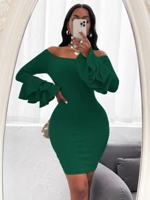 SHEIN SXY Off Shoulder Layered Sleeve Bodycon Dress - Dark Green - View 4