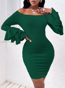 SHEIN SXY Off Shoulder Layered Sleeve Bodycon Dress - Dark Green - View 5