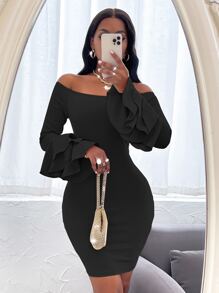 SHEIN SXY Off Shoulder Layered Sleeve Bodycon Dress - Black - View 5