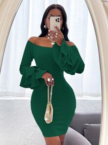SHEIN SXY Off Shoulder Layered Sleeve Bodycon Dress - Dark Green - View 6