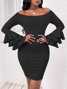 SHEIN SXY Off Shoulder Layered Sleeve Bodycon Dress - Black - View 6