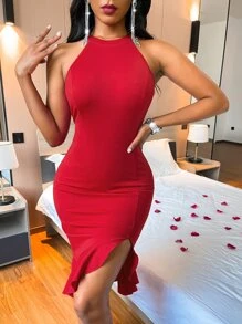 SHEIN SXY Đầm Viên lá sen màu trơn Gợi cảm - Màu Đỏ Sâu - Xem 1