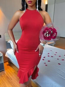 SHEIN SXY Đầm Viên lá sen màu trơn Gợi cảm - Màu Đỏ Sâu - Xem 4