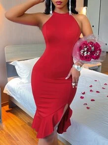 SHEIN SXY Đầm Viên lá sen màu trơn Gợi cảm - Màu Đỏ Sâu - Xem 5