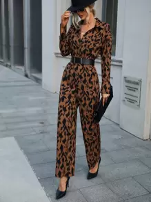 SHEIN Clasi Allover Print Drop Shoulder Patched Pocket Shirt Jumpsuit Without Belt - Brown - View 1