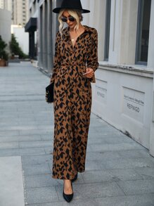 SHEIN Clasi Allover Print Drop Shoulder Patched Pocket Shirt Jumpsuit Without Belt - Brown - View 3