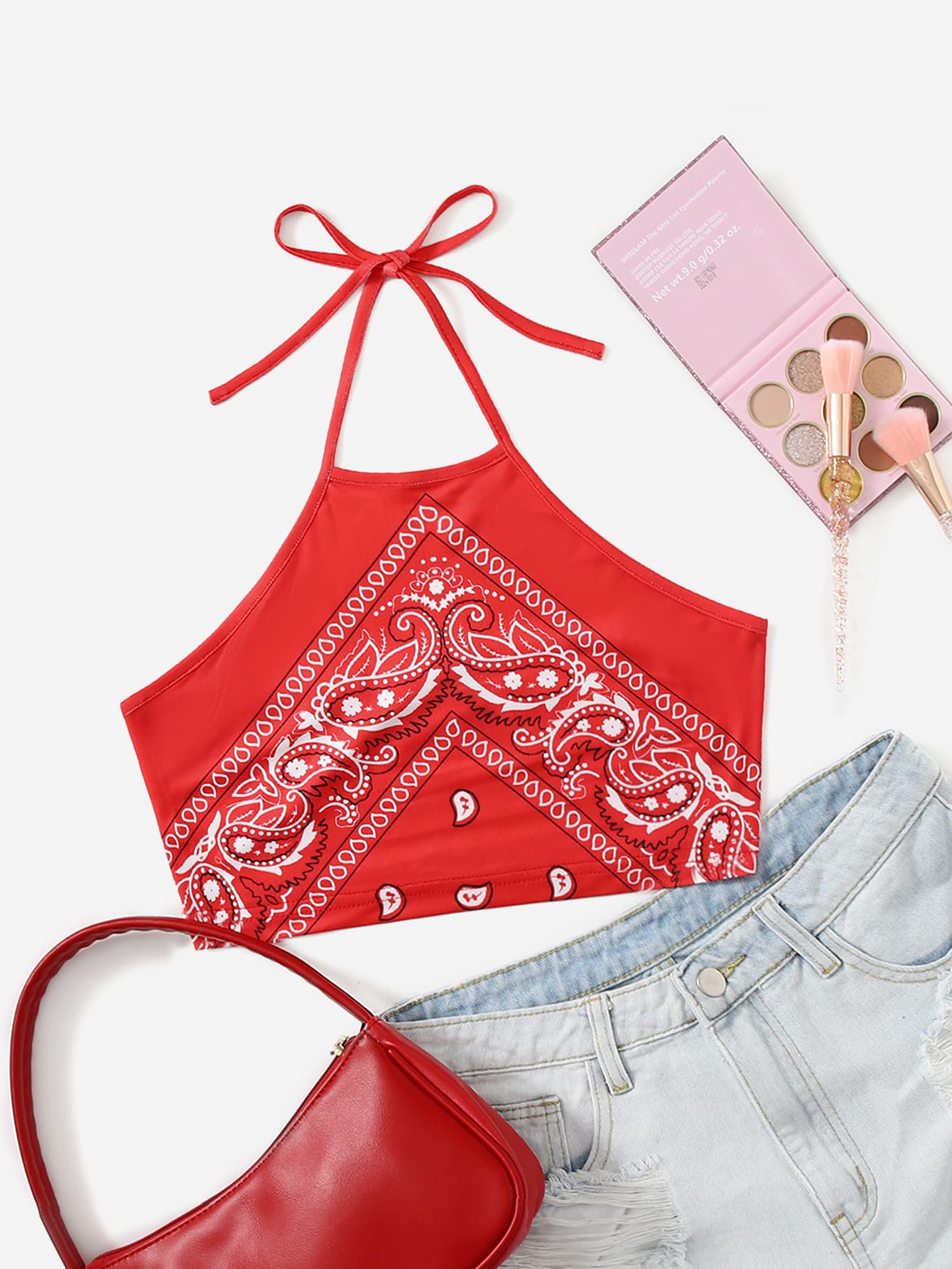 佩斯利印花繞頸短上衣 - 紅色 - 查看 1