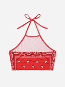 佩斯利印花繞頸短上衣 - 紅色 - 查看 2