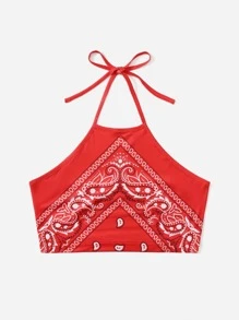 佩斯利印花繞頸短上衣 - 紅色 - 查看 4