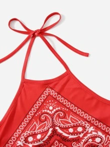 佩斯利印花繞頸短上衣 - 紅色 - 查看 5