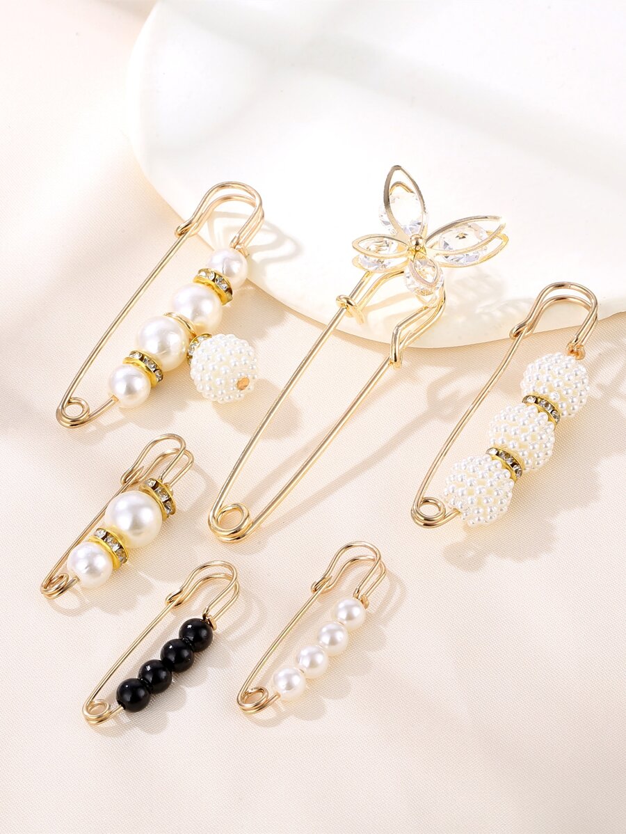 6 chiếc trâm cài áo trang trí hình ngọc trai giả và bướm - Nhiều màu - Xem 1