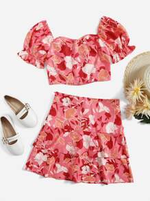 SHEIN Bộ hai mảnh Gái viền lá sen phân lớp Dây kéo Dải chun Hoa Boho - Nhiều màu - Xem 1