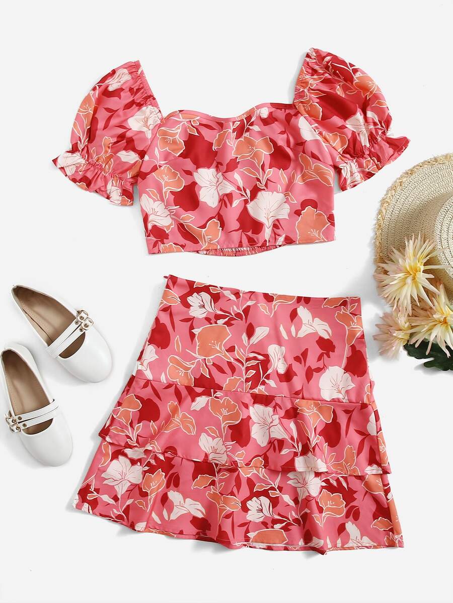 SHEIN Bộ hai mảnh Gái viền lá sen phân lớp Dây kéo Dải chun Hoa Boho - Nhiều màu - Xem 1