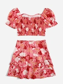 SHEIN Bộ hai mảnh Gái viền lá sen phân lớp Dây kéo Dải chun Hoa Boho - Nhiều màu - Xem 2