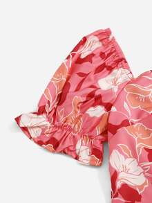 SHEIN Bộ hai mảnh Gái viền lá sen phân lớp Dây kéo Dải chun Hoa Boho - Nhiều màu - Xem 3