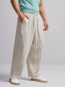 GENTILAND Men Elastic Waist Solid Slant Pocket Trousers - Beige - View 1