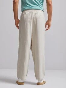 GENTILAND Men Elastic Waist Solid Slant Pocket Trousers - Beige - View 2