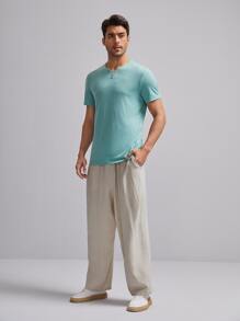 GENTILAND Men Elastic Waist Solid Slant Pocket Trousers - Beige - View 3