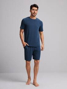 SHEIN Hombres unicolor Shorts con top Conjunto homewear - Azul Marino - Ver 3