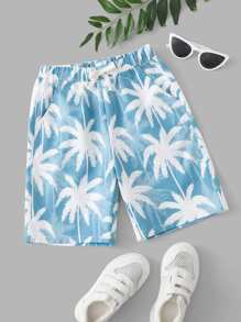SHEIN Tween Boy Tropical Print Slant Pocket Shorts - Blue and White - View 1