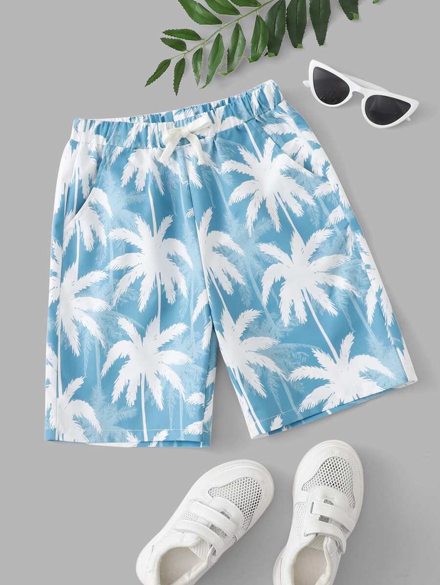 SHEIN Tween Boy Tropical Print Slant Pocket Shorts - Blue and White - View 1