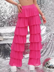 Layered Ruffle Wide Leg Pants - Hot Pink - View 1