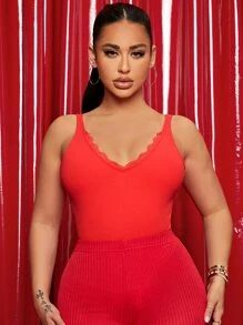 SHEIN 素色蕾絲邊睡吊帶上衣 - 紅色 - 查看 1