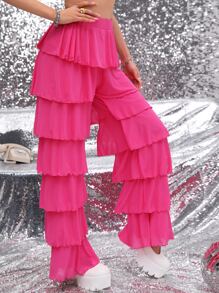 Layered Ruffle Wide Leg Pants - Hot Pink - View 3