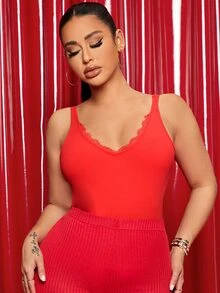 SHEIN 素色蕾絲邊睡吊帶上衣 - 紅色 - 查看 5