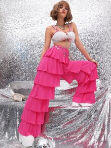 Layered Ruffle Wide Leg Pants - Hot Pink - View 6