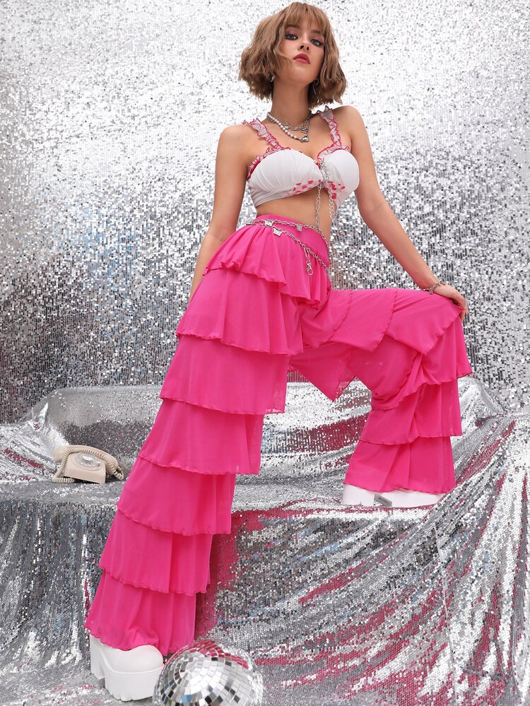 Layered Ruffle Wide Leg Pants - Hot Pink - View 6