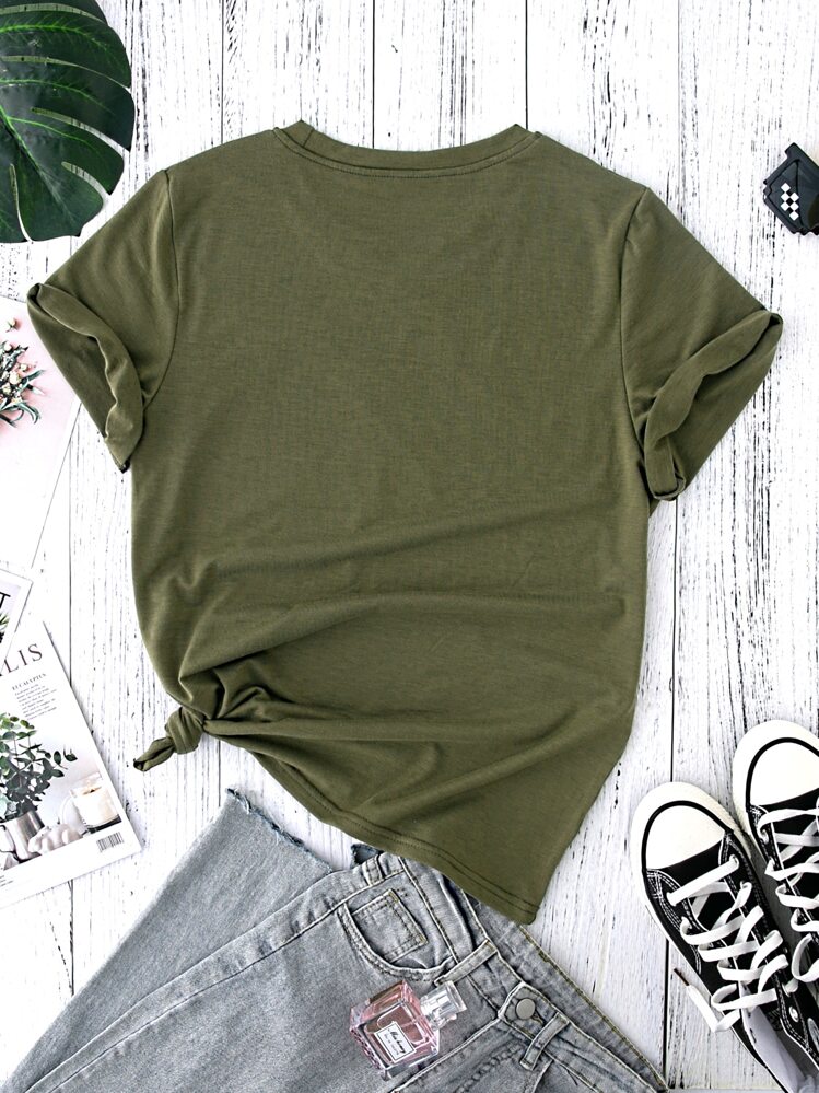SHEIN LUNE Figure And Letter Graphic Tee Graphic Tees Women Tops - Army Green - View 2