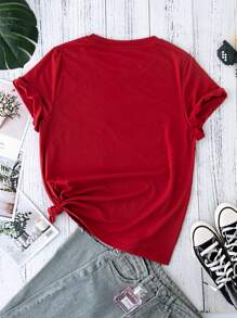 SHEIN LUNE Áo thun nữ Con số Lá thư Giải trí - Đỏ - Xem 2