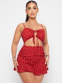 SHEIN SXY 愛心圖案前繫帶鏤空荷葉邊連身短褲