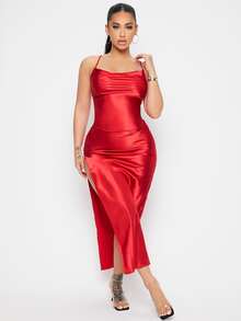 SHEIN 前垂褶高衩緞面洋裝 - 紅色 - 查看 3