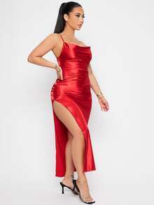 SHEIN 前垂褶高衩緞面洋裝 - 紅色 - 查看 4
