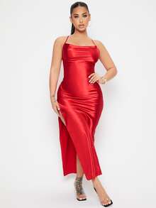SHEIN 前垂褶高衩緞面洋裝 - 紅色 - 查看 5