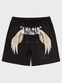 Manfinity VCAY Shorts sueltos con cordón para hombre con patrón impreso de alas de letras y gráficos de animales - Negro - Ver 1