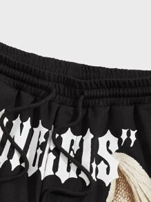 Manfinity VCAY Shorts sueltos con cordón para hombre con patrón impreso de alas de letras y gráficos de animales - Negro - Ver 3